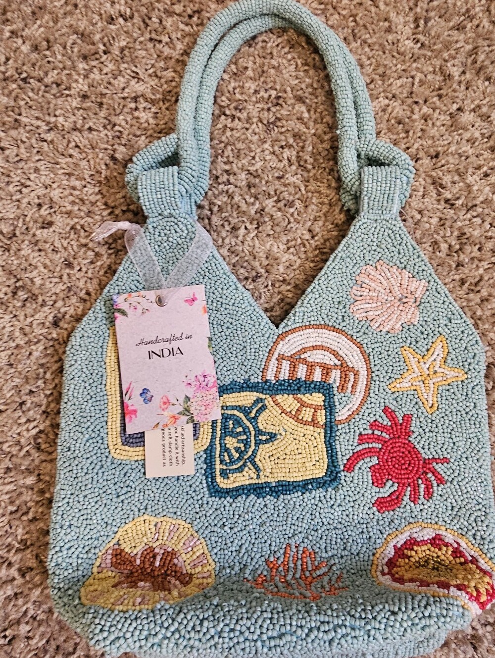 Nwt Embroidered Stamped Sea Life Nautical Coastal Beaded Bag